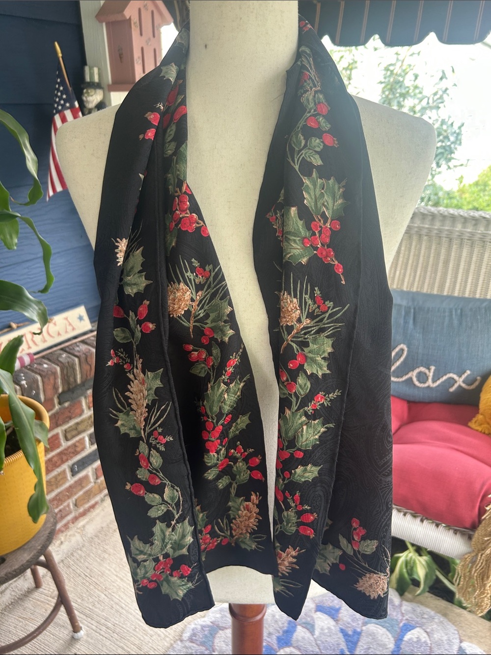Vintage Black Holiday Botanical Scarf